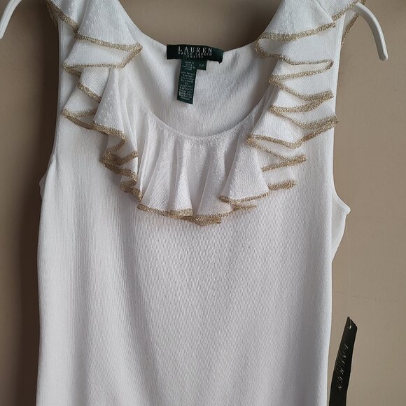 RALPH LAUREN KNIT TANK SLVLS RUFFLED NECK WHITE W/GOLD METALLIC PETITE P/P - Picture 1 of 9